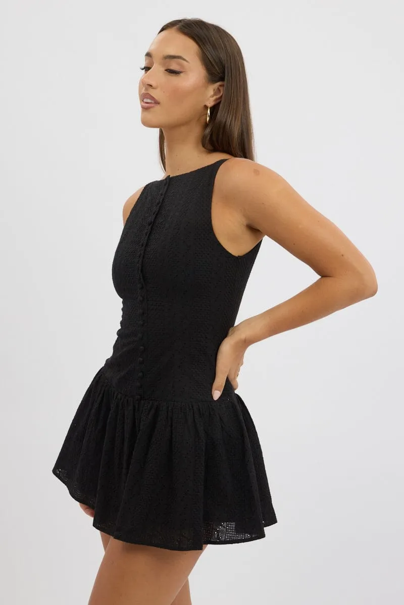 Black Midi Dress Drop Waist Lace Fabric