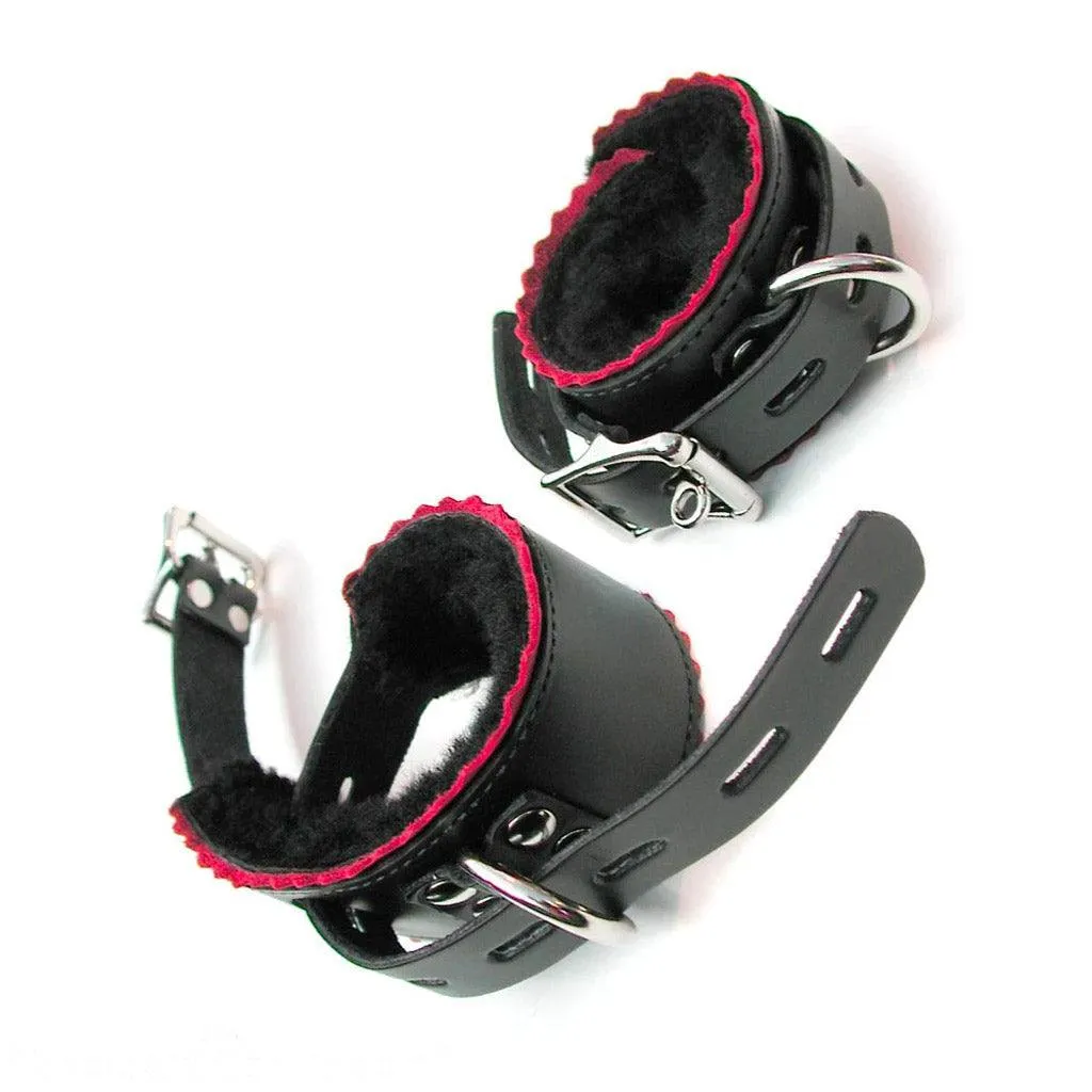 Sheepskin-Lined Leather Ankle Cuffs w/ Red Scalloped Edges