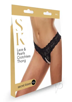 Sk Lace and Pearls Crotchles Thong Blk M/l